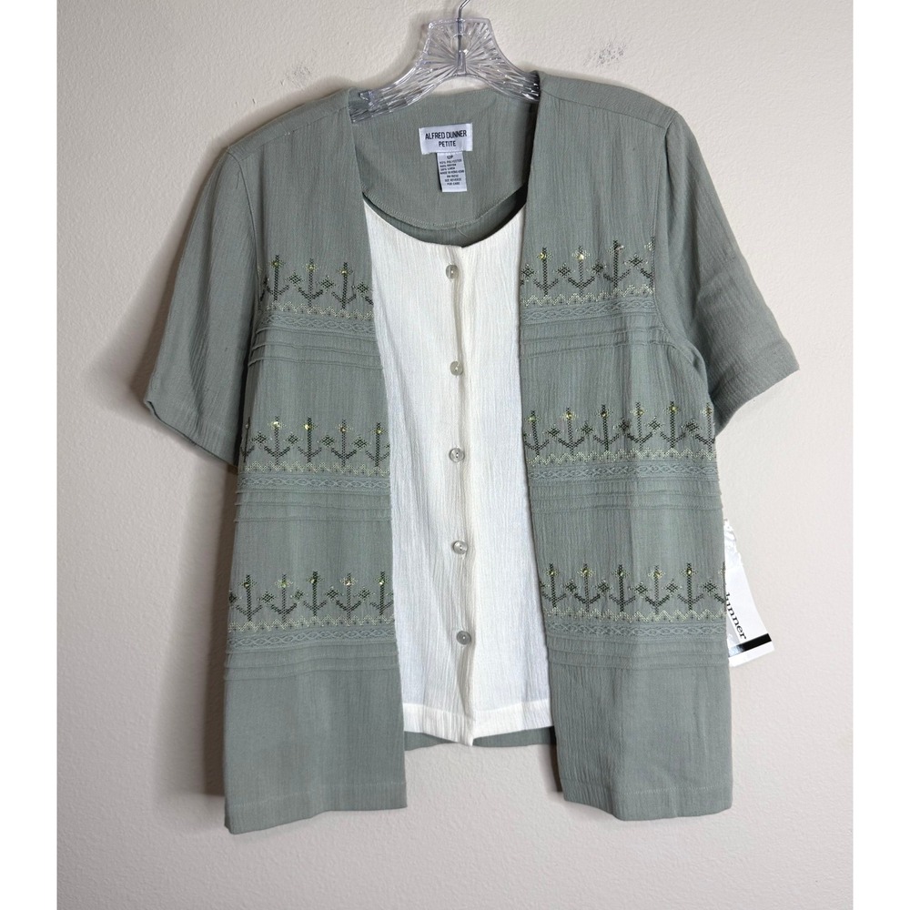 Alfred Dunner Top Womens 12P Celery Green Mock 2-Piece Embroidered Linen Blend